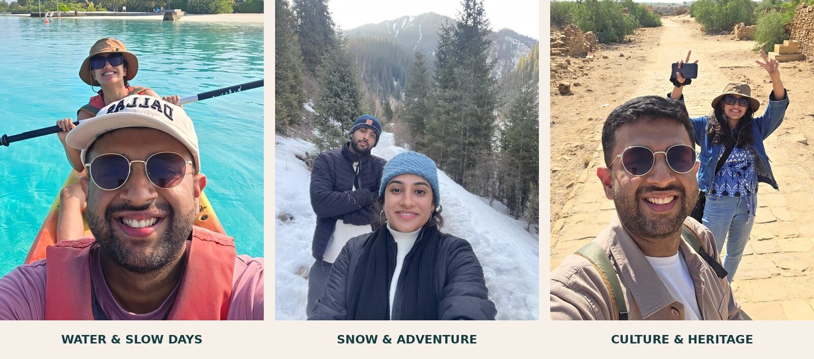 Three travel photographs: kayaking in the Maldives, exploring snow in Kazakhstan, and visiting heritage sites in Rajasthan.